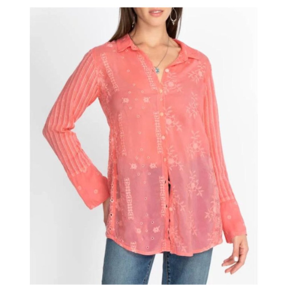 Johnny Was Embroidered Button-Up Shirt Sz.XL Coral Sunset